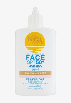 Bondi Sands SPF 50+ tinted fragrance-free daily moisturizing face sunscreen fluid, 50ml, very high UVA/UVB protection for sensitive skin.