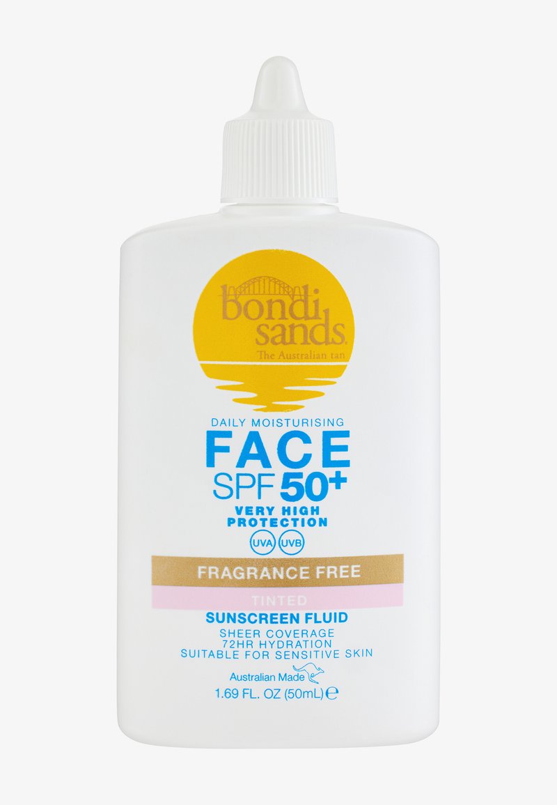 Fluide solaire visage hydratant teinté sans parfum Bondi Sands SPF 50+ 50 ml, très haute protection UVA/UVB pour peau sensible.