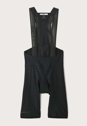 Zwarte fiets-bibshorts met netstraps, een gepolsterde zit, gestroomlijnd ontwerp en reflecterende accenten. Geschikt voor prestatiekleding.