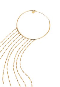 Goldener Metall-Choker-Halsreif mit kreisförmigem Design, der hängende Ketten mit langgestreckten Gliedern für zusätzliche Textur und Bewegung enthält.