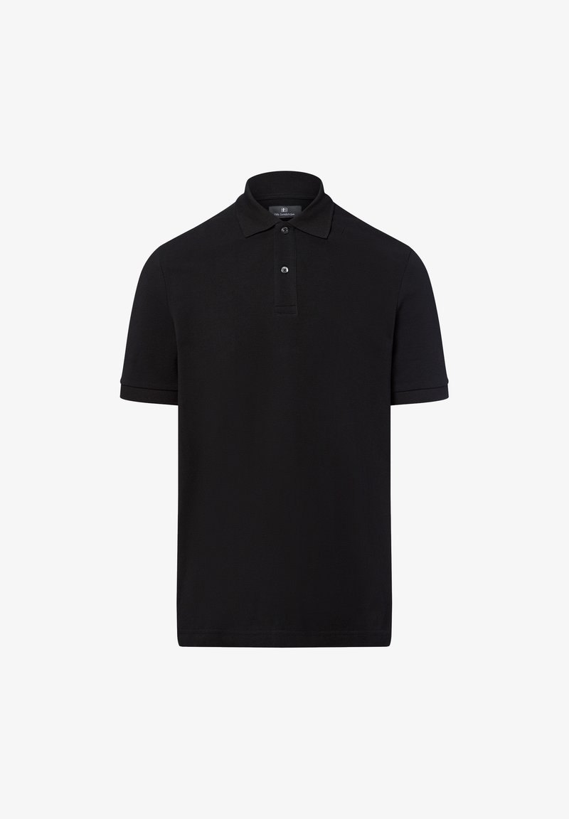 Czarna koszulka polo z bawełnianego materiału. Posiada klasyczny kołnierzyk, zapięcie na dwa guziki oraz krótkie rękawy z ściągaczami.