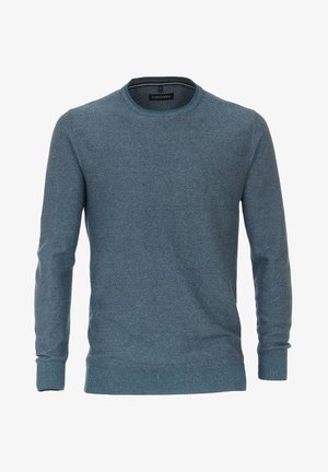 Langärmliger Herrenpullover mit Rundhalsausschnitt aus strukturiertem blauen Strick, mit gerippten Bündchen und Saum, Größe M, Marke Casa Moda.