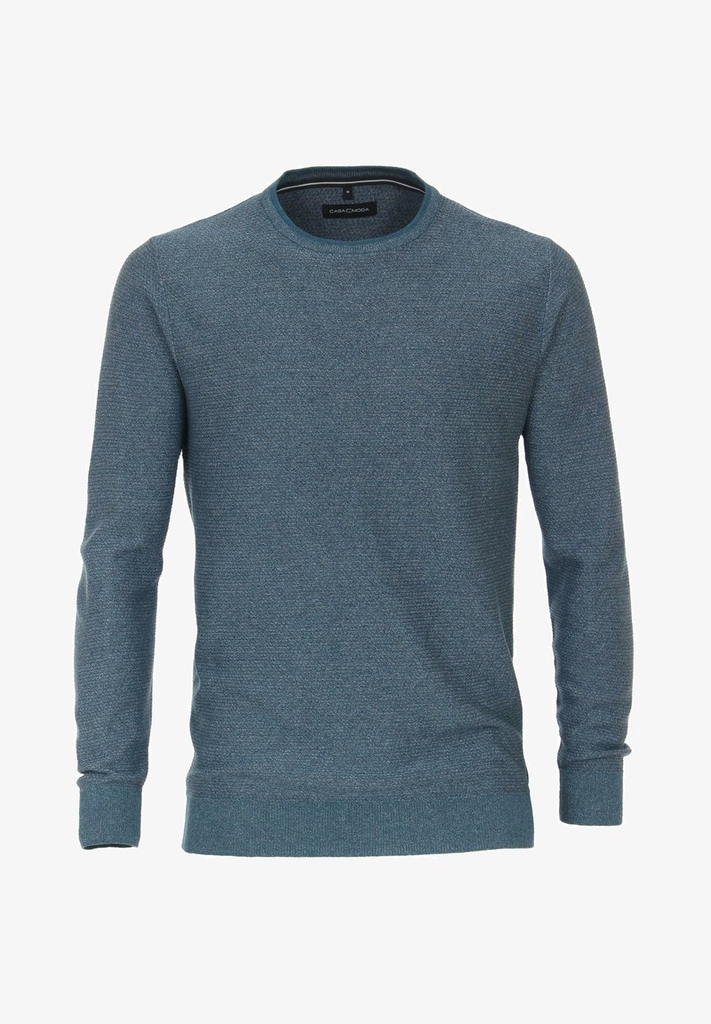 Men’s long-sleeve crewneck sweater in textured blue knit with ribbed cuffs and hem, sized medium, brand Casa Moda.