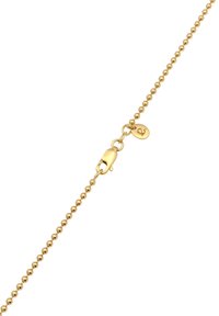 Gul kuglekæde med en krokodillelås og et lille mærke. Lette, sfæriske perler i ensartet størrelse skaber en delikat tekstur.