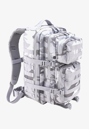 Zaino con motivo mimetico in toni di grigio, dotato di scomparti multipli, chiusure a cerniera e spallacci in rete imbottita.