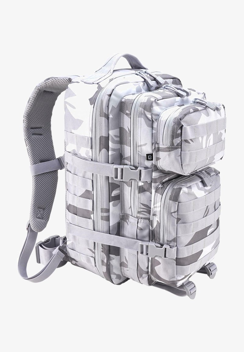 Ryggsäck med kamouflagemönster i grå nyanser, med flera fack, dragkedjestängningar och vadderade meshaxelremmar.