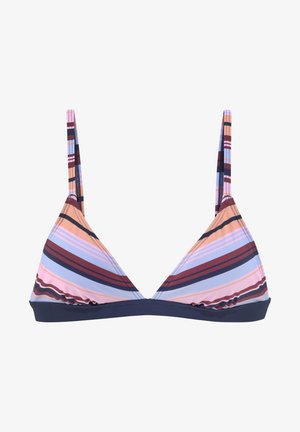 Trokutasti bikini gornji dio s podesivim trakama. Sadrži horizontalne pruge u nijansama tamnoplave, breskve, ružičaste i burgundske. Glatka tekstura tkanine.