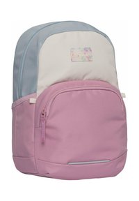 Sac à dos avec grande poche frontale et poche latérale en filet, blocs de couleurs en rose, crème et bleu clair, étiquette de la marque Beckmann sur le devant.