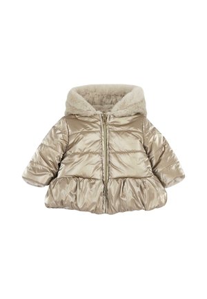 Doudoune beige brillante pour tout-petit avec ourlet froncé, manches longues, fermeture éclair sur le devant et capuche doublée de fausse fourrure beige douce.