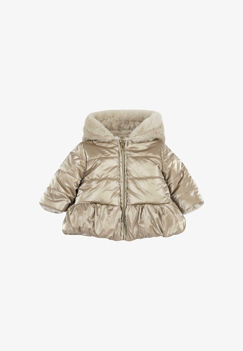 Doudoune beige brillante pour tout-petit avec ourlet froncé, manches longues, fermeture éclair sur le devant et capuche doublée de fausse fourrure beige douce.