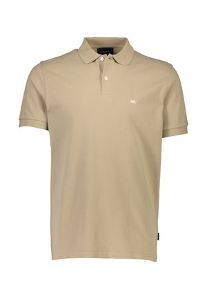 Beige Poloshirt aus weicher Baumwolle, mit klassischem Kragen, kurzen Ärmeln und einem kleinen weißen Logo auf der Brust.
