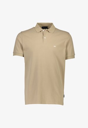 Beige Poloshirt aus weicher Baumwolle, mit klassischem Kragen, kurzen Ärmeln und einem kleinen weißen Logo auf der Brust.
