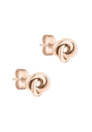 Ohrringe mit Steckverschluss aus Roségold mit geknotetem Design. Glatte Textur mit polierter Oberfläche und schlanker Stiftbefestigung.