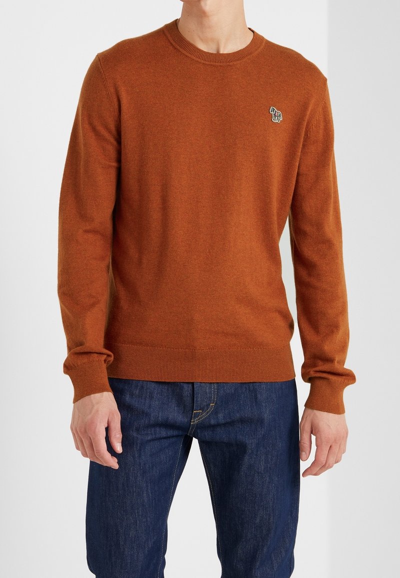 Rust-colored sweater in soft fabric with a round neckline, long sleeves, and ribbed cuffs, featuring a small embroidered design on the chest.