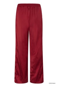 Ευρύχωρο παντελόνι από κόκκινο σατέν με ελαστική μέση, χωρίς ορατές τσέπες ή διακοσμήσεις, εμφανιζόμενο σε λευκό φόντο.