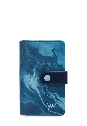 Blue leather wallet with a marbled pattern, featuring a navy strap and light blue snap button. Compact, rectangular shape, textured surface.