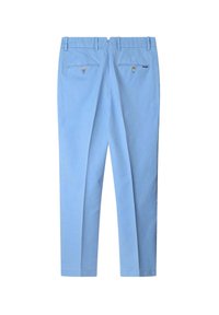 Pantalon bleu clair avec une taille plate, deux poches arrière avec boutons, et une coupe droite. Fabriqué en tissu tissé lisse.