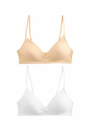 To sæt cami BH'er: en lys beige og en hvid. Begge har justerbare stropper, trekantede kopper og en lille sløjfedetalje i midten.