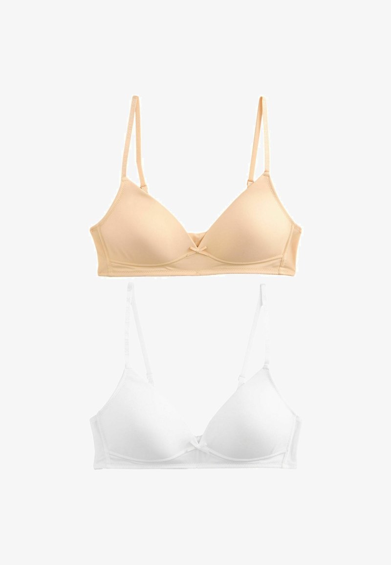 Beige und weiße gepolsterte BHs mit verstellbaren dünnen Trägern und kleinen Schleifen in der Mitte, auf weißem Hintergrund dargestellt.