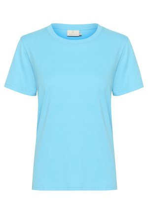 Světle modré bavlněné tričko s krátkým rukávem, kulatým výstřihem a volným střihem. Jednoduchý design, žádné vzory ani akcenty.