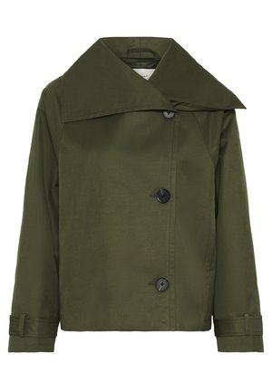 Olivegrünes Jacket aus glattem Stoff, mit großem Kragen, vorderen Knöpfen und umgeschlagenen Ärmel. Schlichtes Design ohne Muster.