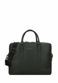 Serviette en cuir vert avec surface texturée, double poignées supérieures, bandoulière détachable et logo sur le devant.