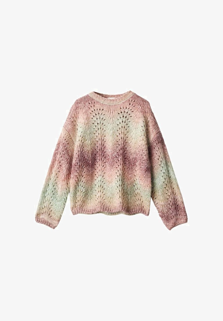 Pleteno pulover z gradientnim vzorcem v pastelnih barvah, ohlapnega kroja, okroglim izrezom in podrobno odprto delo po celotnem puloverju.