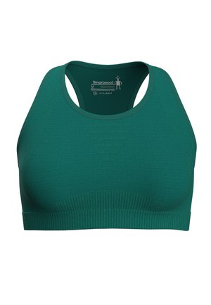 Green athletic bra made from soft fabric, featuring a ribbed band, wide straps, and a smooth, seamless design for comfort and support.