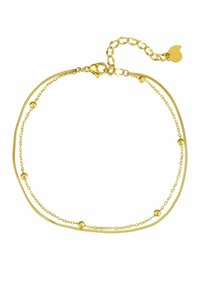 Pulsera de oro con dos hebras de cadena, que presenta cuentas redondas y un cierre tipo langosta. Incluye una cadena ajustable con un charm en forma de corazón.