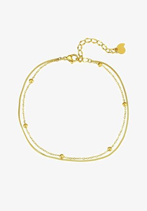 Pulsera de oro con dos hebras de cadena, que presenta cuentas redondas y un cierre tipo langosta. Incluye una cadena ajustable con un charm en forma de corazón.