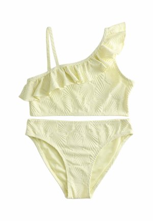 Gul tekstureret bikini med muslingemønstre, med en skulder ruffle top og matchende højtskårne underdele.