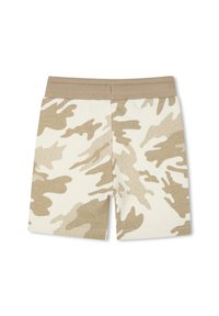 Shorts mimetici beige realizzati in un tessuto morbido, con vita elastica e design casual. Presentano diverse tonalità di beige e crema.