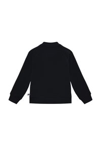 Czarna bluza wykonana z miękkiej tkaniny. Posiada rękawy typu raglan, prążkowany kołnierz i mankiety. Prosty design bez widocznych logo ani wzorów.