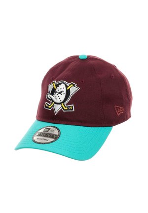 Maroon baseball cap with a turquoise brim, featuring an embroidered logo of a duck with hockey sticks. Adjustable strap at the back.