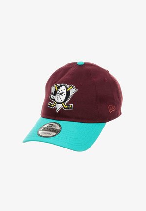 Maroon baseball cap with a turquoise brim, featuring an embroidered logo of a duck with hockey sticks. Adjustable strap at the back.