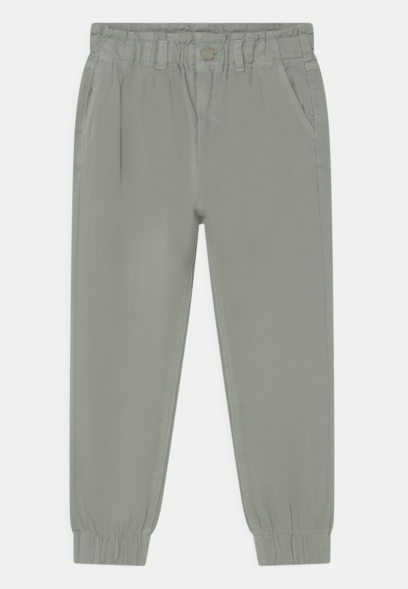 Light gray pants with a drawstring elastic waistband, two side pockets, tapered legs, and elastic cuffs. Made from a textured fabric.
