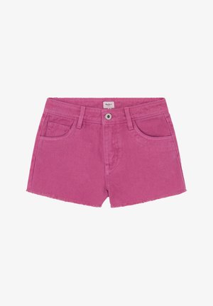 Růžové džínové šortky s třepeným lemem, pěti kapsami, zapínáním na knoflík a ozdobným šitím na pásku.