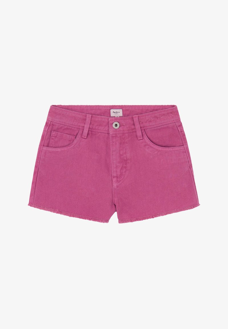 Shorts de denim rosa con dobladillo deshilachado, cinco bolsillos, cierre de botón y costuras decorativas en la cinturilla.