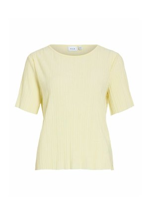 Top amarillo claro de manga corta con cuello redondo y textura acanalada vertical, etiquetado como "VILA", mostrado sobre fondo blanco.