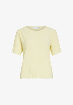 Haut jaune clair à manches courtes avec encolure ronde et texture côtelée verticale, étiqueté "VILA", présenté sur fond blanc.