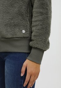 Groene fuzzy fleece sweatshirt met geribde mouwen en onderrand; heeft een klein zilver logo detail aan de onderzijde links.
