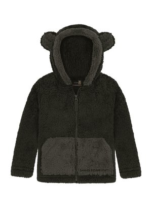 Fleece-Reißverschluss-Hoodie in Dunkelgrün mit grauen Akzenten, Bärenohren auf der Kapuze und einer vorderen Tasche mit weicher Textur.