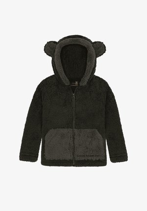 Fleece-Reißverschluss-Hoodie in Dunkelgrün mit grauen Akzenten, Bärenohren auf der Kapuze und einer vorderen Tasche mit weicher Textur.