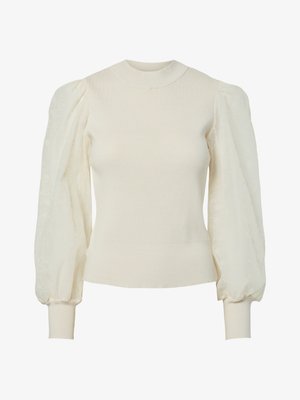 Krém színű pulóver bordázott törzzsel és áttetsző, puffadt ujjakkal. Szűk mandzsetták és kerek nyakkivágás. Texturált anyag, virágmintával az ujjakon.