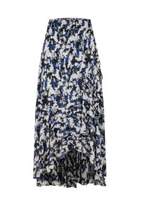 Falda multicolor con un diseño fluido y un dobladillo asimétrico. La tela muestra un patrón abstracto en azul, negro y blanco.