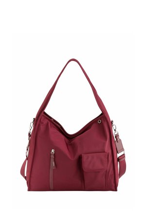 Bolso grande de hombro color granate con asa superior, bolsillo delantero con cremallera y un pequeño bolsillo con solapa sobre fondo blanco.