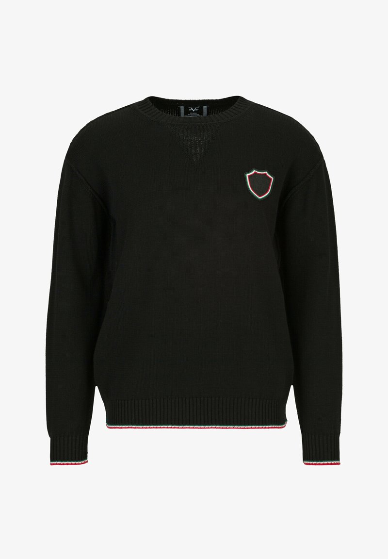 Schwarzer Strickpullover mit rundem Ausschnitt, gerippten Bündchen und Saum. Verfügt über ein kleines Wappenlogo in Rot, Grün und Weiß auf der Brust.