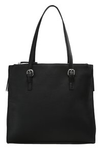 Sac fourre-tout en cuir noir avec deux longues anses et des détails de boucle argentée sur un fond blanc uni.