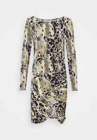 Langärmeliges Kleid aus gemustertem Stoff in Schwarz, Weiß und Olivgrün, mit gerafftem Detail an der Seite und rundem Ausschnitt.