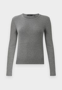 Gray long-sleeve ribbed sweater with a round neckline and fitted shape. The texture appears smooth and elastic, suitable for layering.
